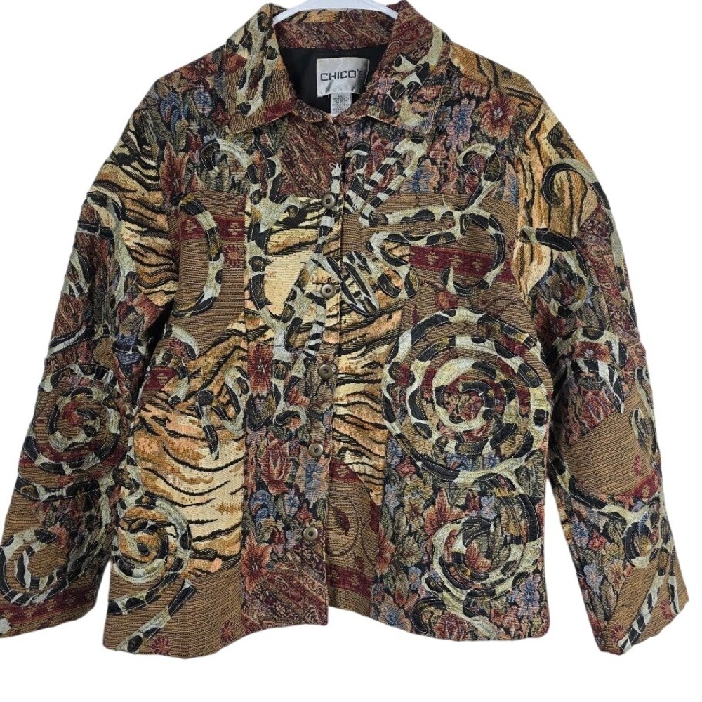 Chicos Tapestry Jacket Sz M Multicolor Patchwork Bohemian Western